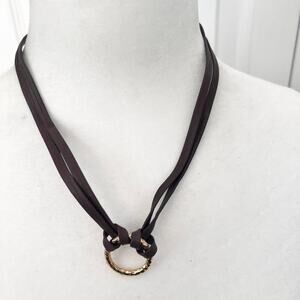 Leila Jewelry Brown Leather Necklace with Hammered Gold Tone Ring